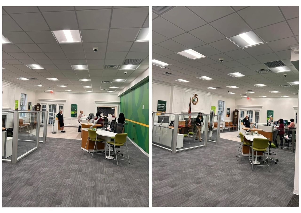 A collage of two pictures of a bank with people sitting at tables.