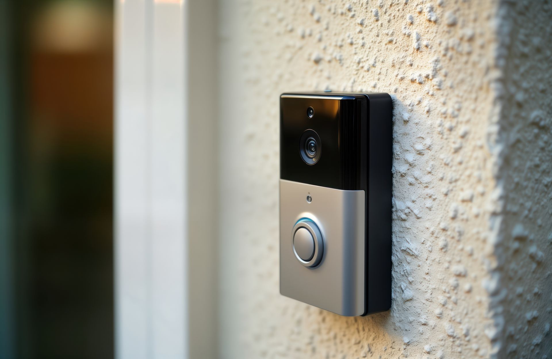 A doorbell is mounted on a white wall next to a door.
