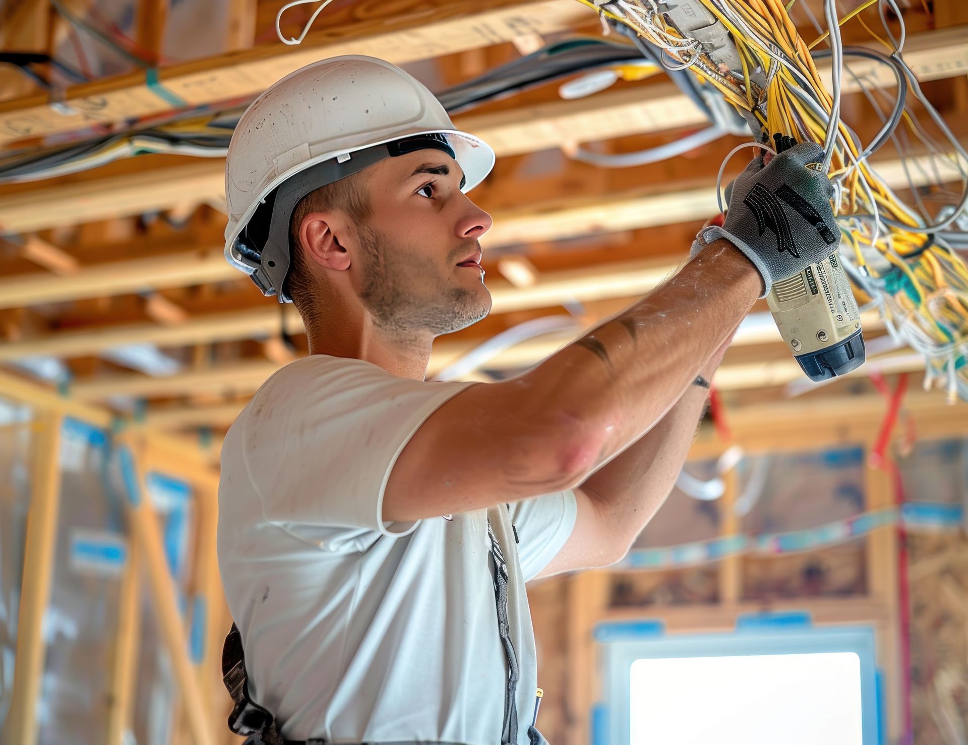 A man is working on electrical wires in a house under construction.
