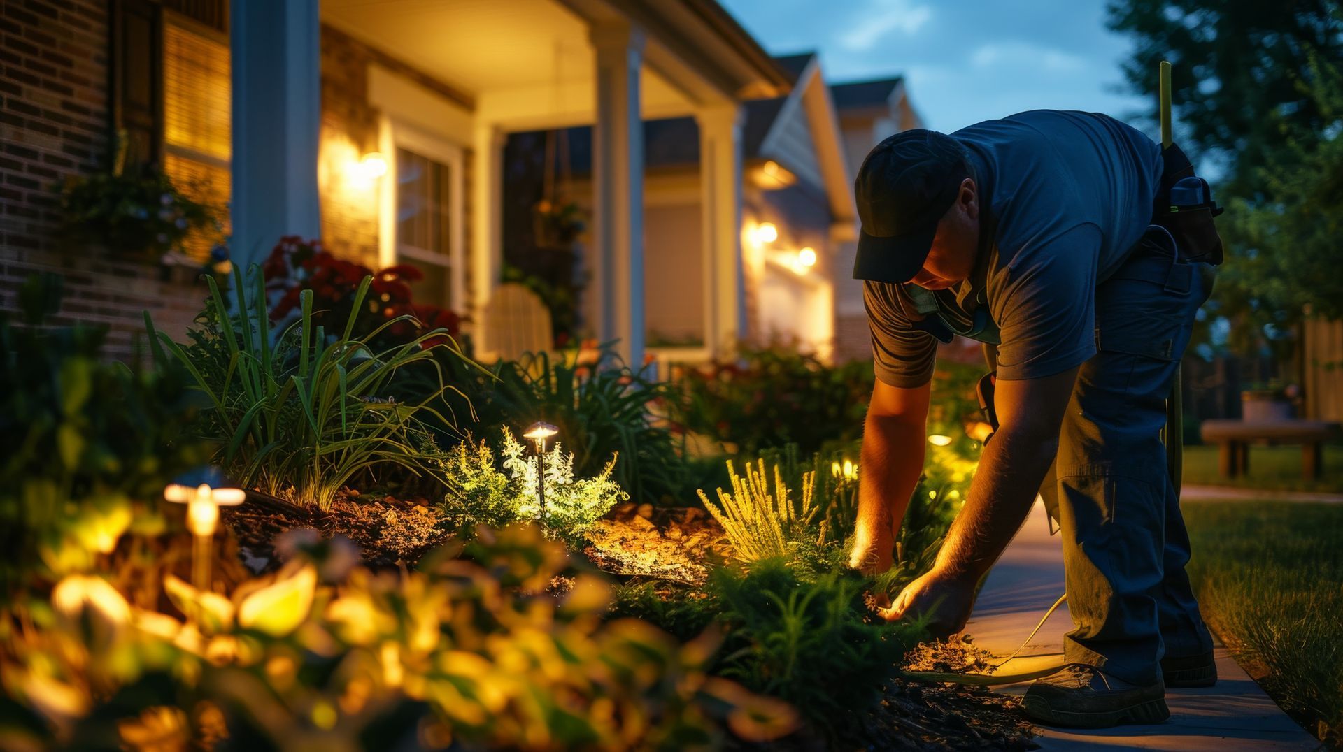 A man is working in the garden of a house at night.