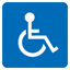 Blue wheelchair accessibility sign with white wheelchair symbol on a square background