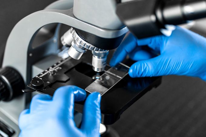 A person wearing blue gloves places a microscope slide on the stage of a laboratory microscope.