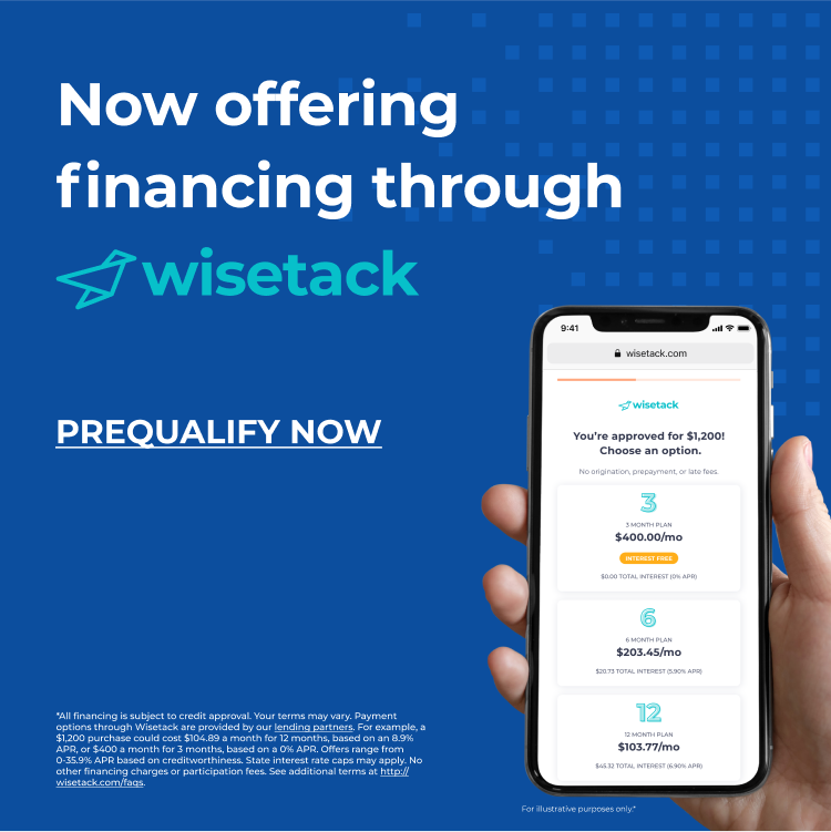 Ad for financing with Wisetack: hand holding a phone displaying payment options. Blue background with text.