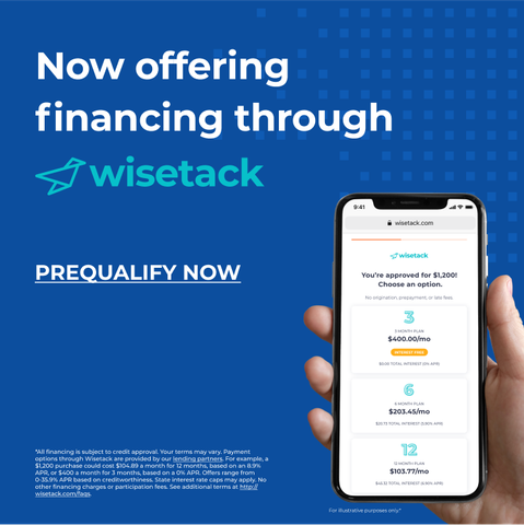 Ad for financing with Wisetack: hand holding a phone displaying payment options. Blue background with text.