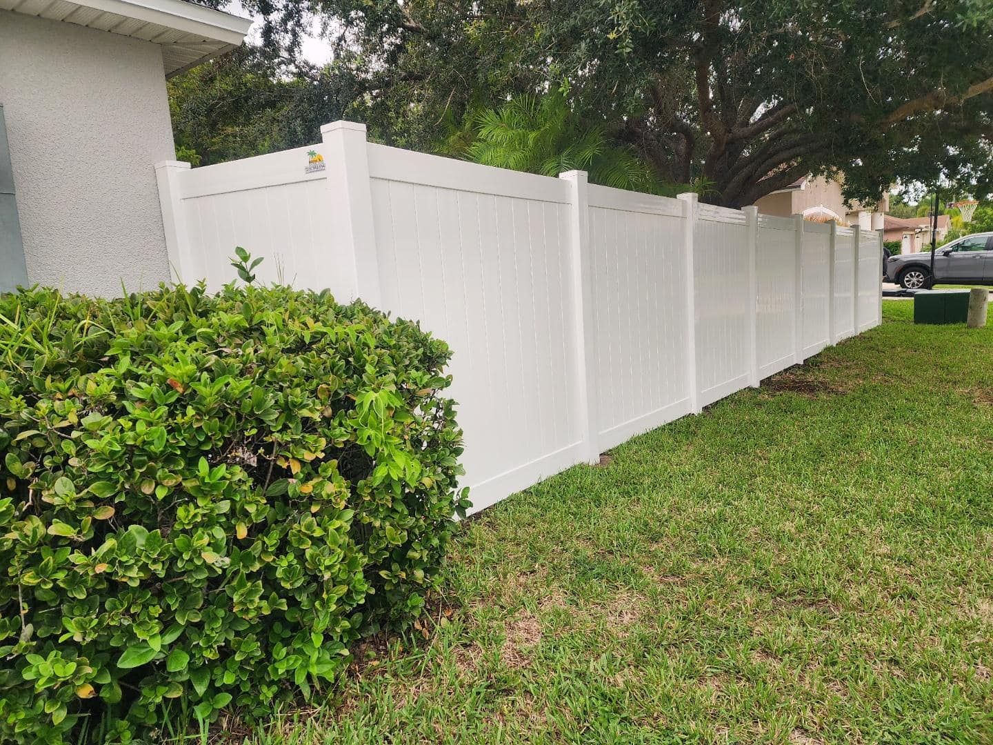 White vinyl fence along a grassy yard, with a green bush in the foreground.
