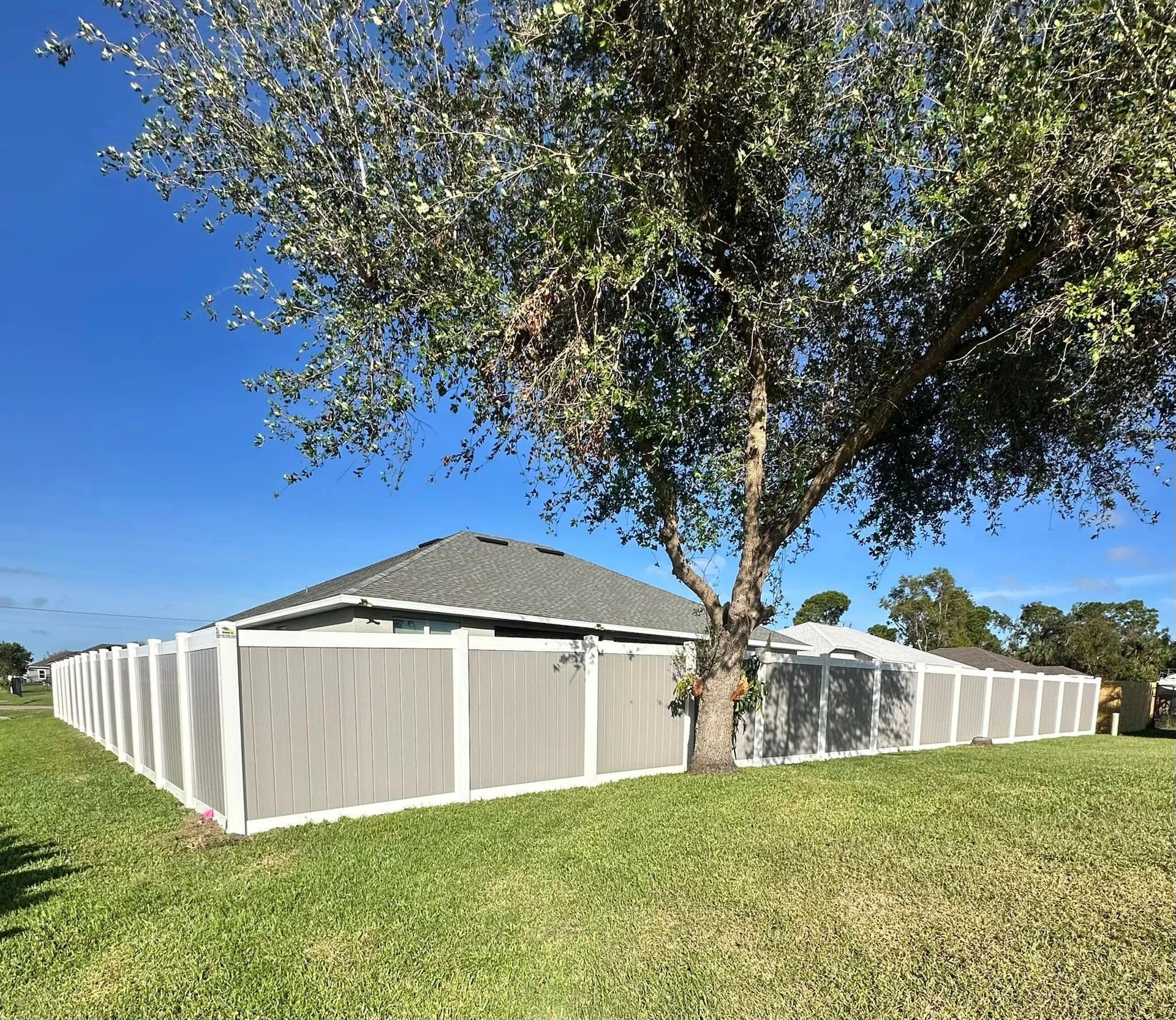 Gray and white vinyl fence around a green lawn and a house on a sunny day. A tree is in the foreground.