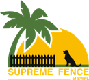 A logo for supreme fence of swfl shows a palm tree and a dog