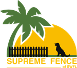 A logo for supreme fence of swfl shows a palm tree and a dog