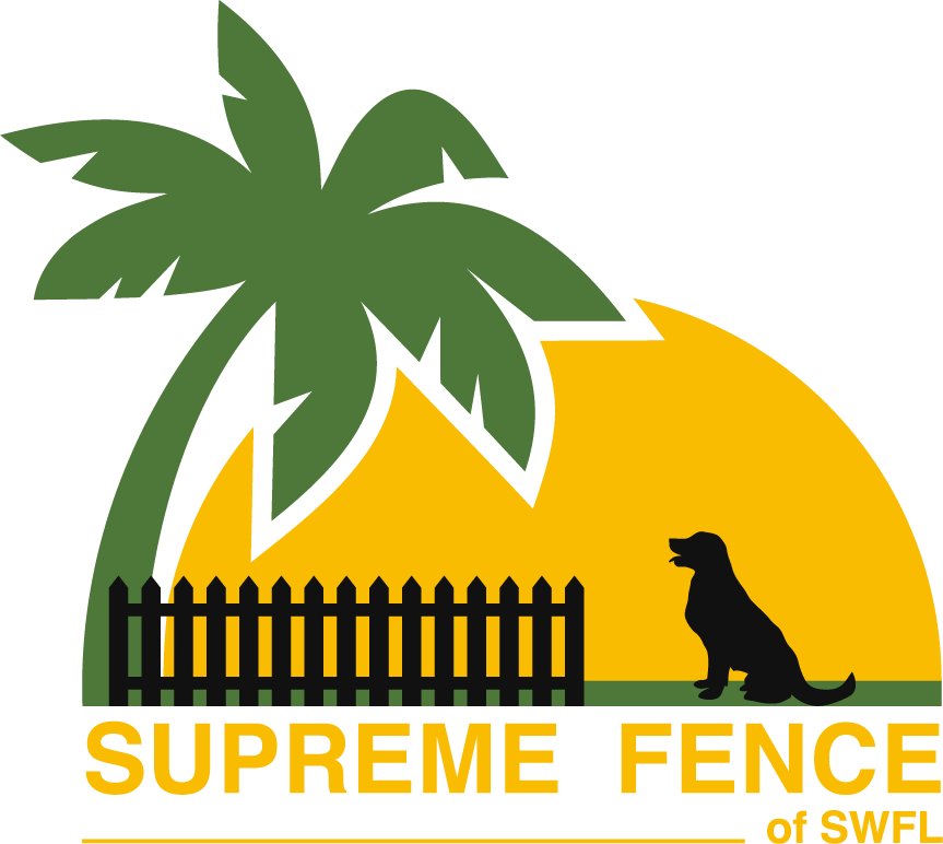 A logo for supreme fence of swfl shows a palm tree and a dog