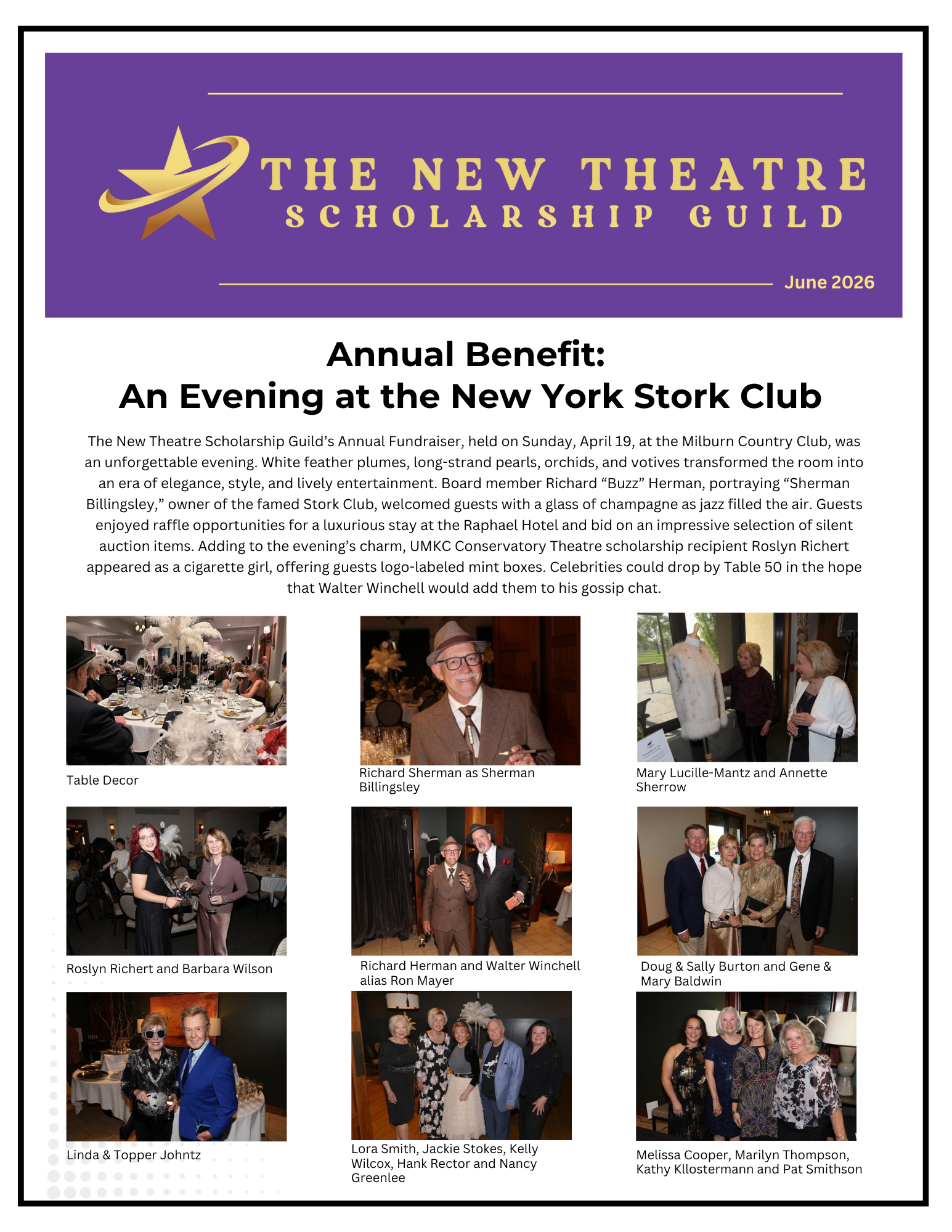 Newsletter for The New Theatre Scholarship Guild, featuring event photos and text.