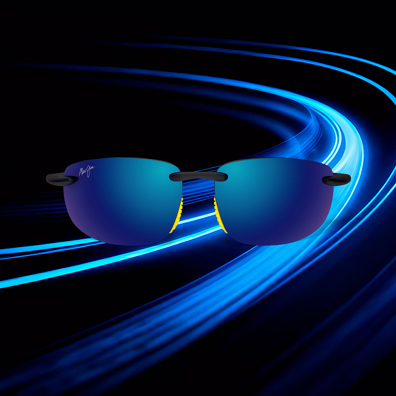 Blue-tinted sunglasses on a black background with neon blue light streaks sweeping behind them
