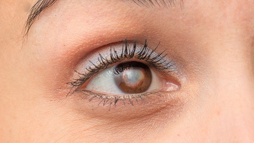 Close-up of a brown eye with long eyelashes and light makeup