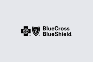 BlueCross BlueShield logo with black and blue shield icons on a light gray background