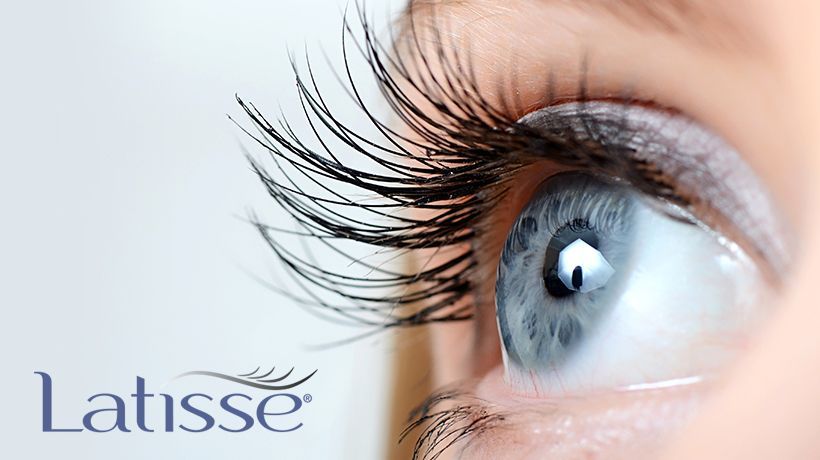 Latisse logo beside a close-up of an eye with long eyelashes