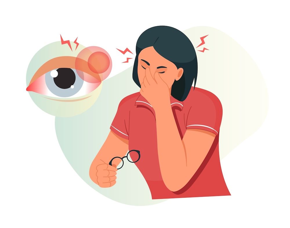 Person rubbing one eye and holding glasses, with a red irritated eye icon beside them