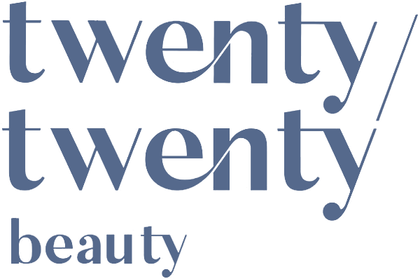 Logo reading “twenty/twenty beauty” in blue serif text on a white background