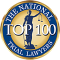 The National Trial Lawyers Top 100 emblem featuring Lady Justice with scales, gold, blue, and white text.
