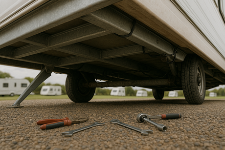 Low angle view of a caravan's underside with tools scattered on the ground.