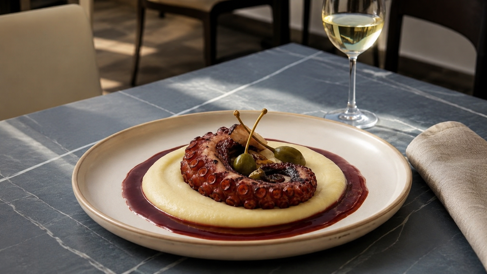 Piatto gourmet impiattato con salsa viola su un tavolo accanto a un bicchiere di vino bianco.