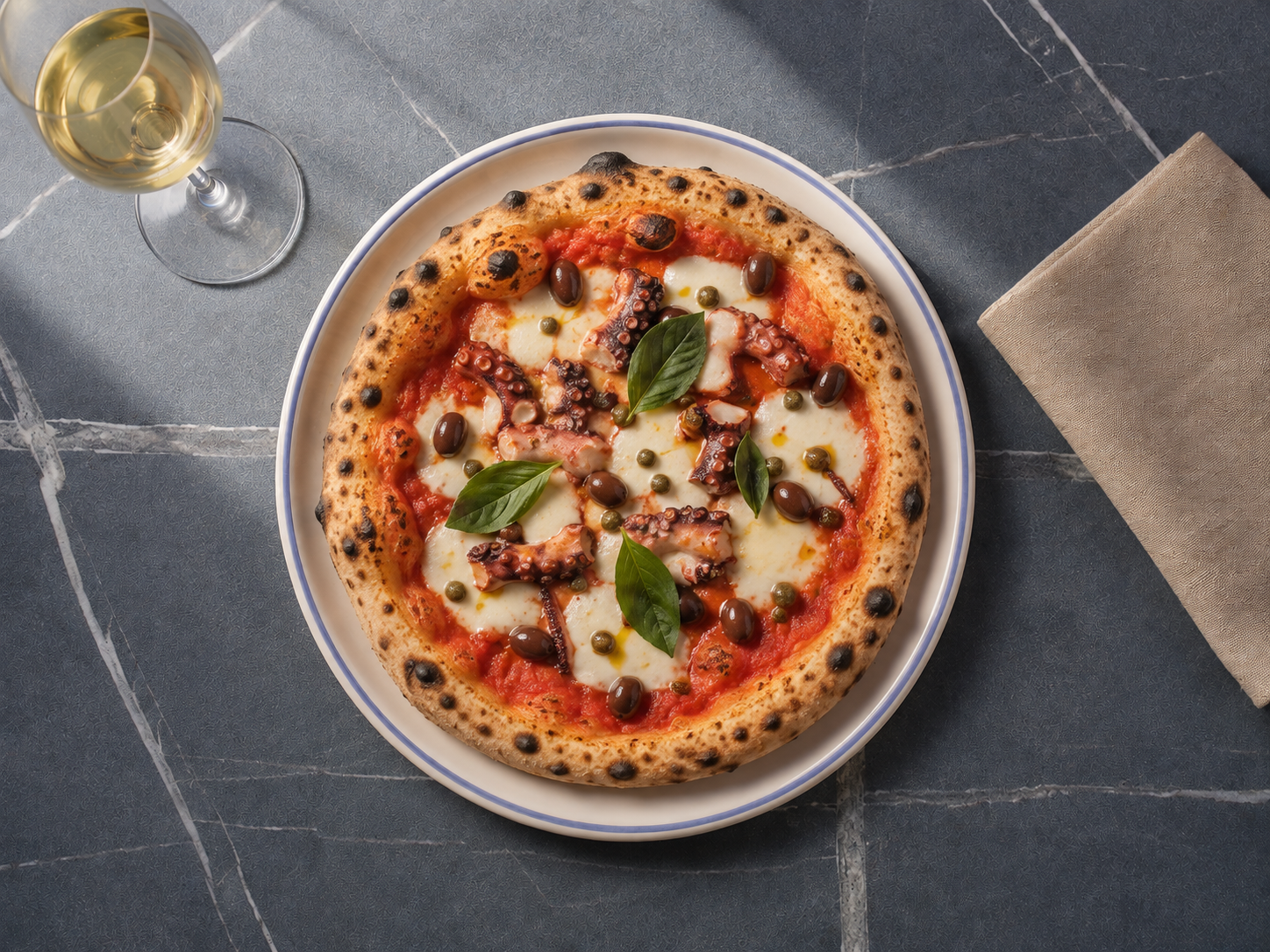 Una pizza Margherita su un piatto accanto a un bicchiere di vino bianco su un tavolo grigio.