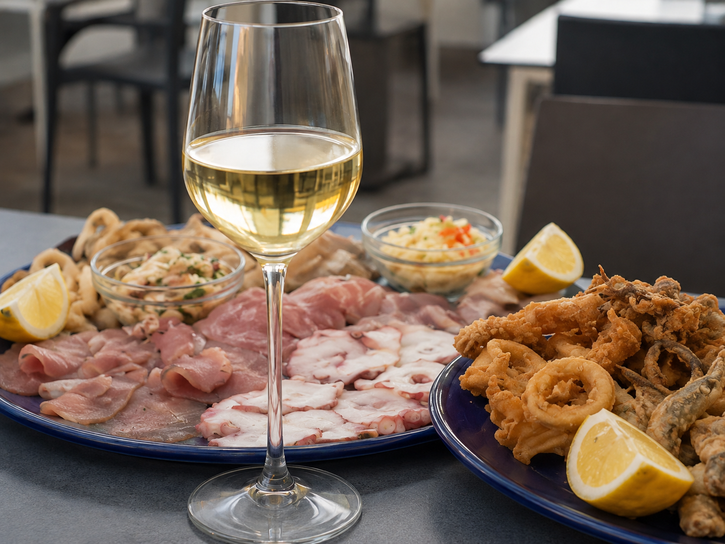 Un calice di vino con piatti di frutti di mare, spicchi di limone e salsa d'accompagnamento su un tavolo.
