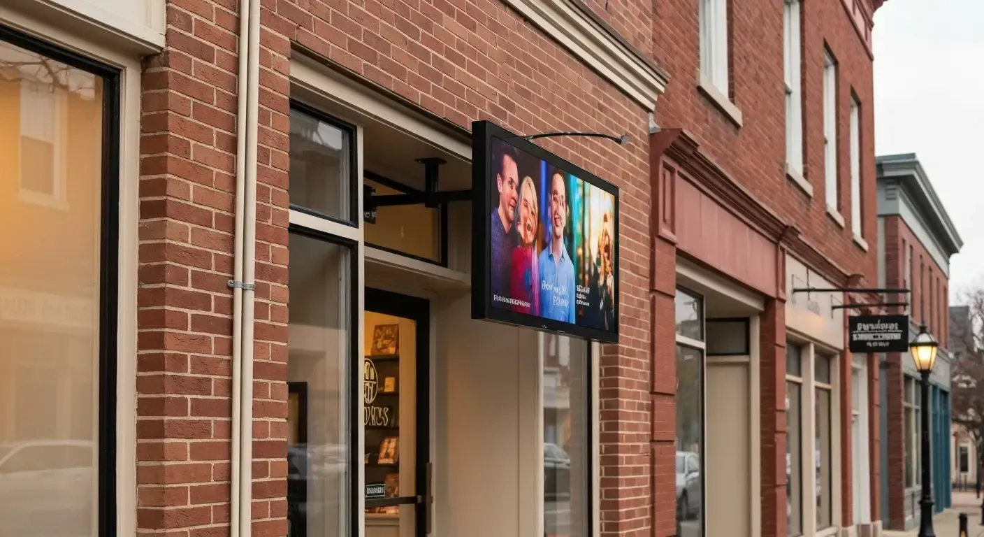 Brick storefronts on a city street, with a colorful digital sign above an open entrance.