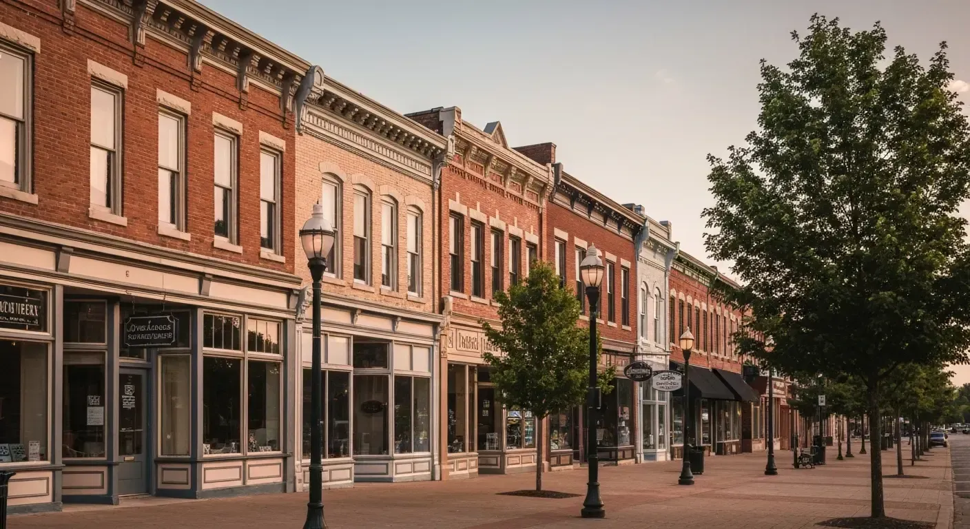 Row of historic brick storefronts on a quiet downtown street with trees and empty sidewalks