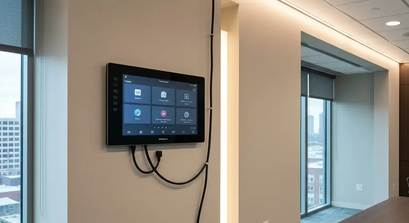 Wall-mounted touchscreen control panel in a modern office hallway with glass windows and doors