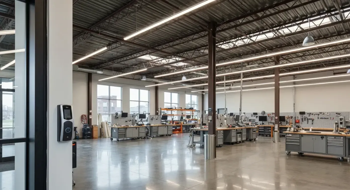 Bright industrial workshop with machines, workbenches, and polished concrete floor under a high metal ceiling.