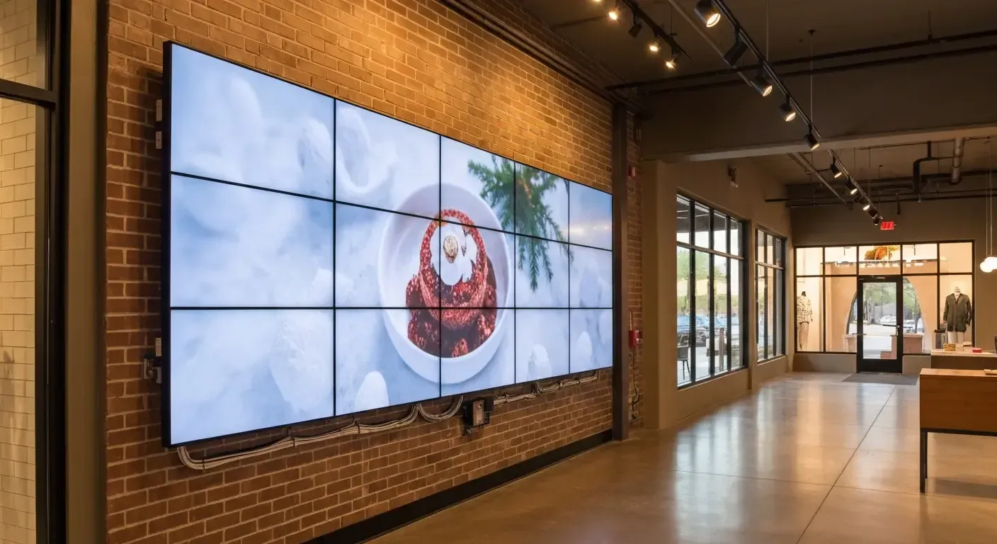 Wide hallway with a large wall-mounted video display and brick walls in a modern lobby.