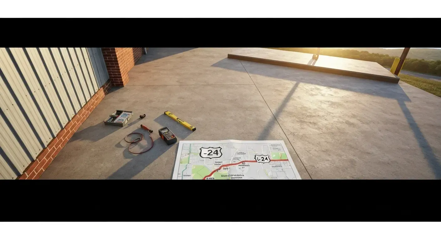 Tools and a plan on a concrete driveway beside a garage door and brick wall at sunset