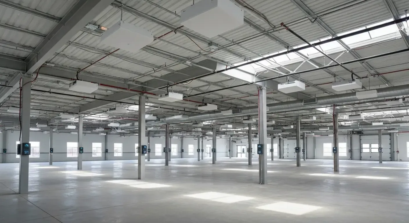 Empty industrial warehouse with steel columns, concrete floor, and skylights letting in daylight