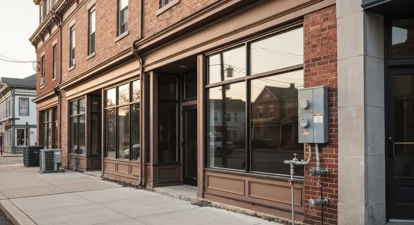 Brick storefront with large windows and a sidewalk in front