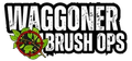 Waggoner Brush Ops logo with bold white text and a green camo circular emblem on a black background