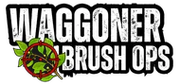 Waggoner Brush Ops logo with bold white text and a green camo circular emblem on a black background