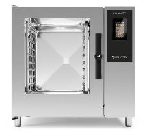 Forno professionale in acciaio inox con porta in vetro e pannello di controllo digitale.