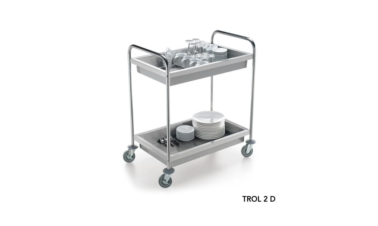 Carrello multiuso in acciaio inox con due ripiani, piatti sul fondo e bicchieri sulla parte superiore.