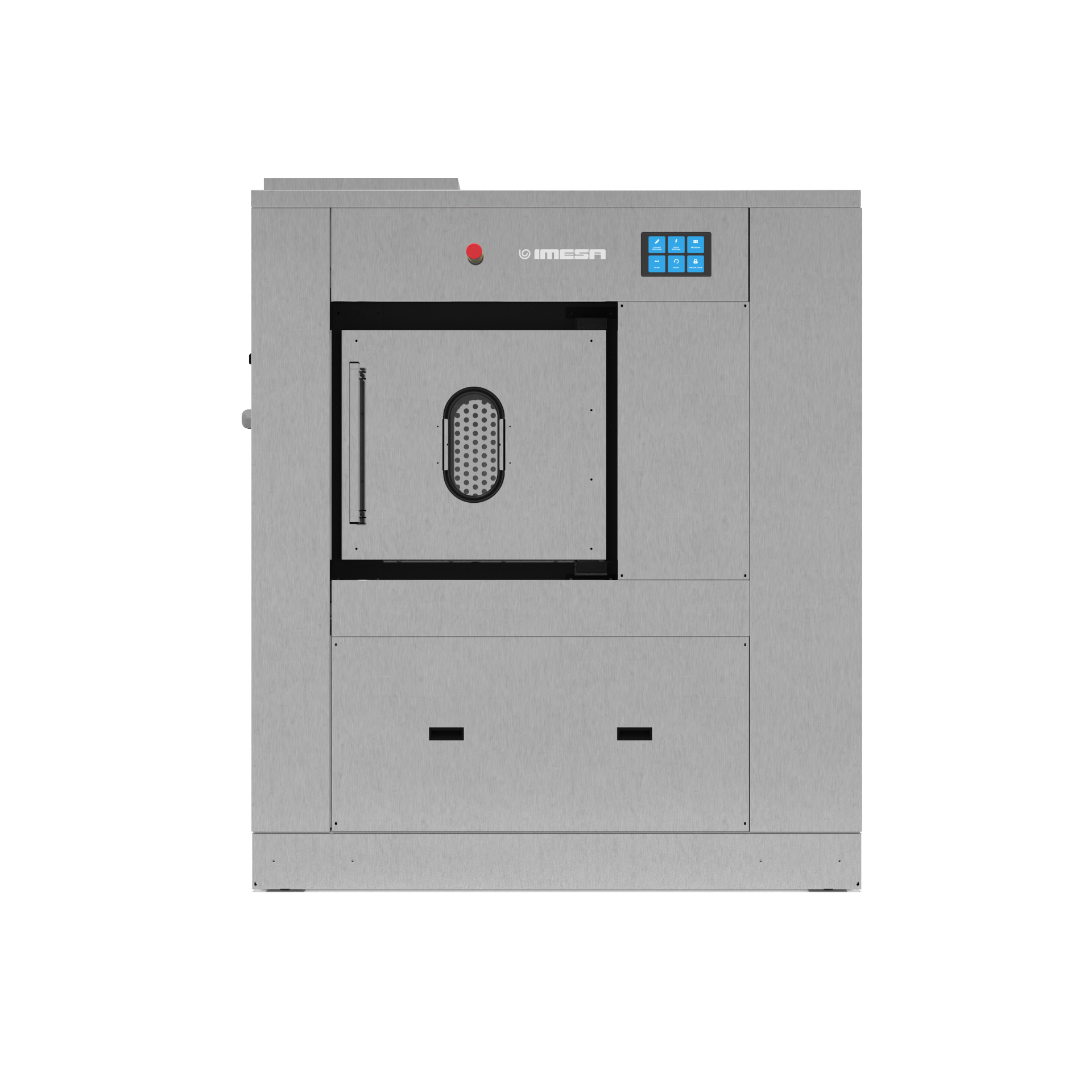 Macchinario industriale grigio con sportello frontale, piccolo pannello di visualizzazione e finestra di ventilazione.