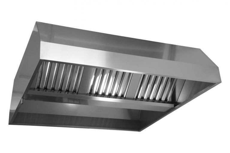 Cappa da cucina in acciaio inox con filtri, vista dal basso