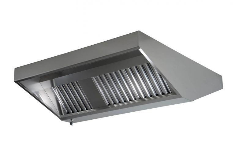 Cappa aspirante professionale in acciaio inox per cucine, con filtri antigrasso.