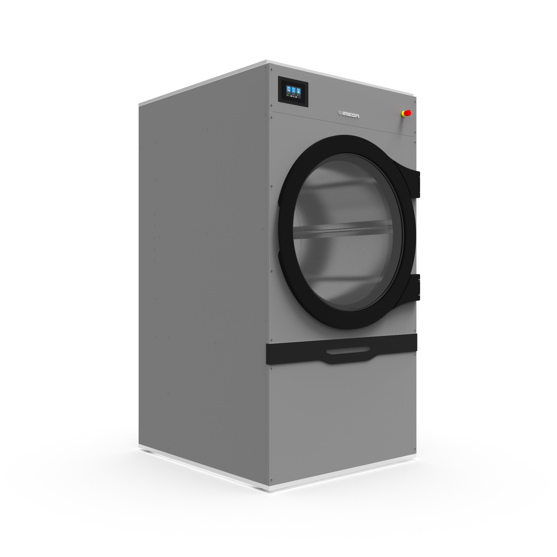 Asciugatrice industriale a carica frontale di colore grigio con sportello rotondo nero e piccolo display digitale.