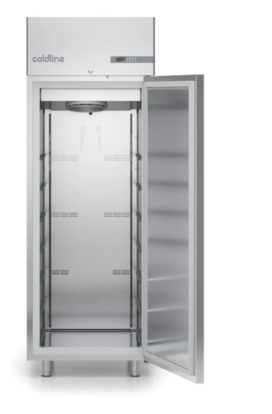 Frigorifero verticale aperto in acciaio inox con porta in vetro su sfondo bianco.