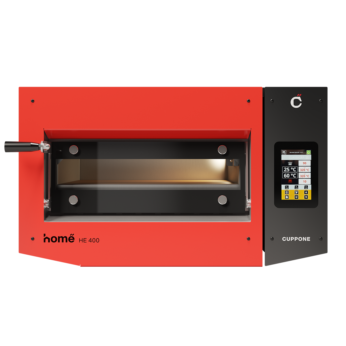 Forno da appoggio rosso e nero con sportello in vetro e pannello di controllo digitale.