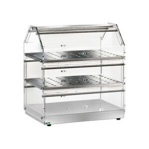 Vetrina in acciaio inox con tre ripiani in vetro e coperchio trasparente, su sfondo bianco.