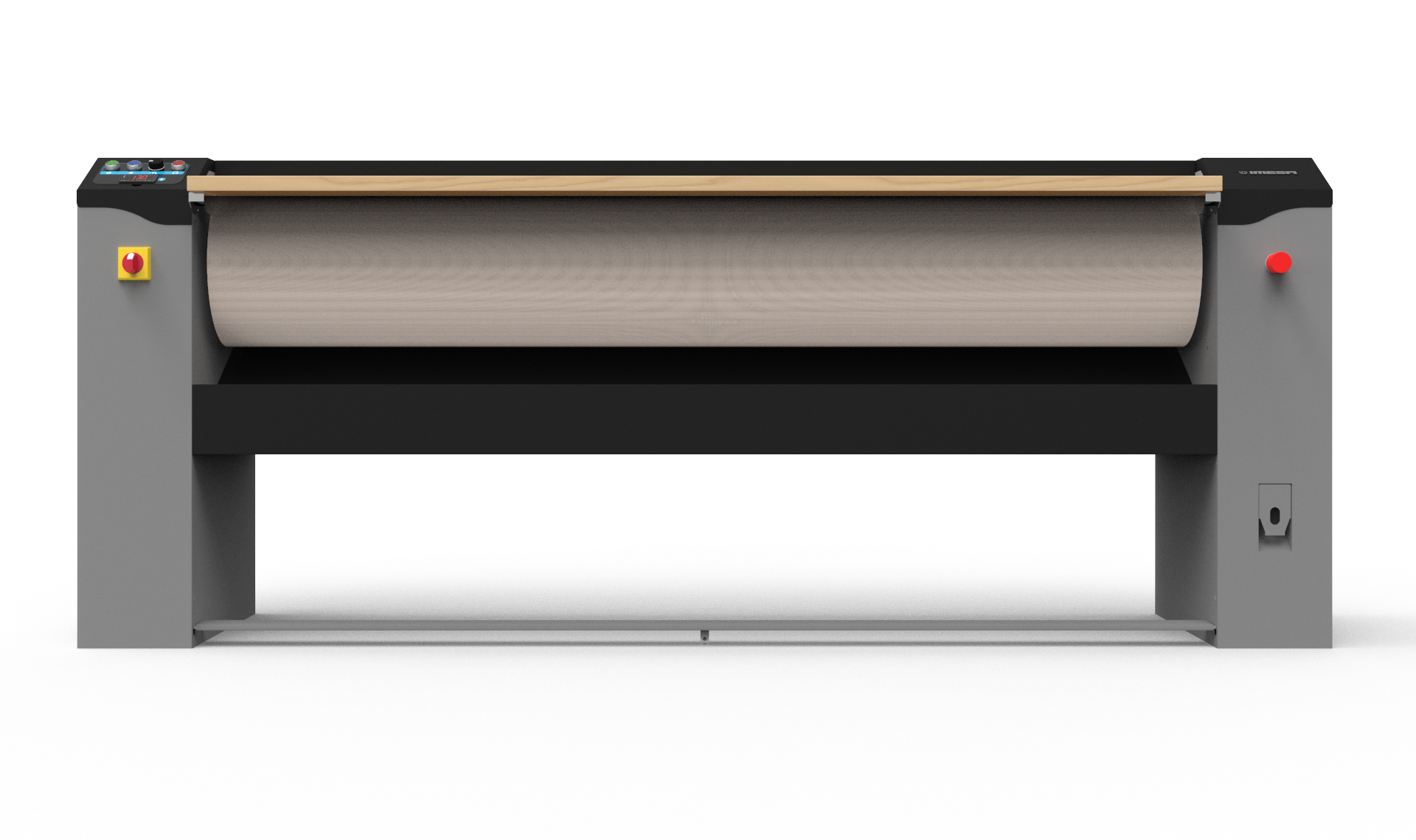 Macchina avvolgitrice industriale con telaio grigio e rotolo di tessuto beige su sfondo bianco.