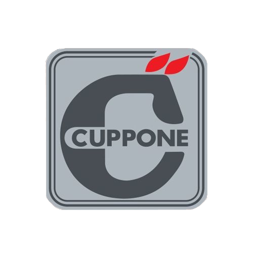 Logo Cuppone con una C stilizzata grigio scuro e dettagli rossi su sfondo quadrato grigio.