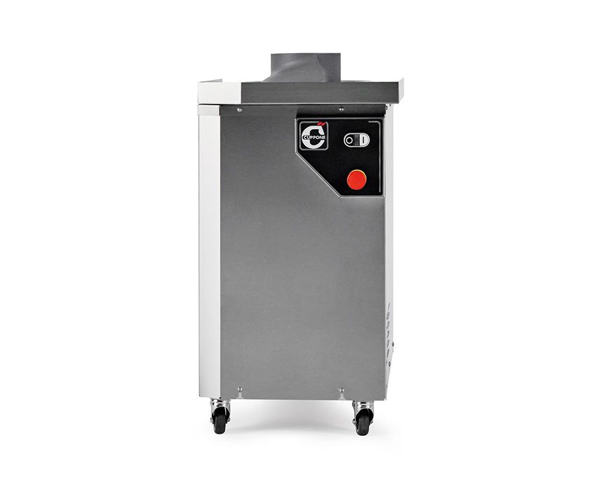 Armadio industriale in acciaio inox su ruote con pannello di controllo nero e pulsante rosso