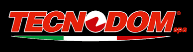 Logo TECNODOM spa in rosso e nero con sottolineatura verde e bianca su sfondo scuro.