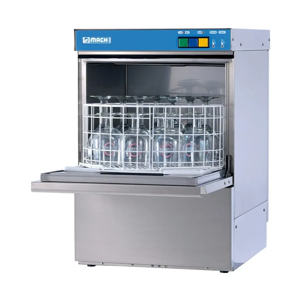 Lavastoviglie professionale in acciaio inox con cestello anteriore aperto e contenitore per bicchieri.