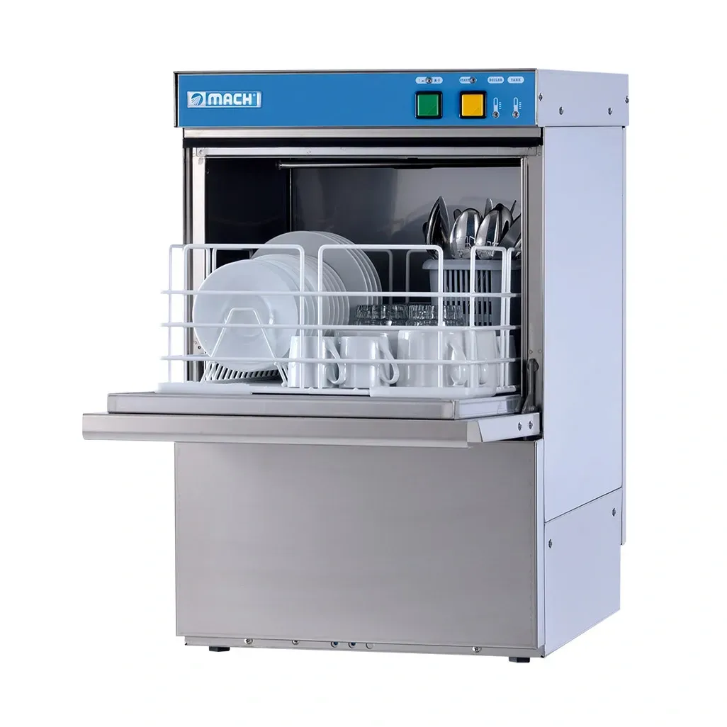Lavastoviglie professionale con sportello aperto e cestello, in acciaio inox con pannello di controllo blu.